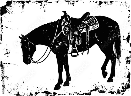 Black silhouette of horse with western saddle on grunge textured background
