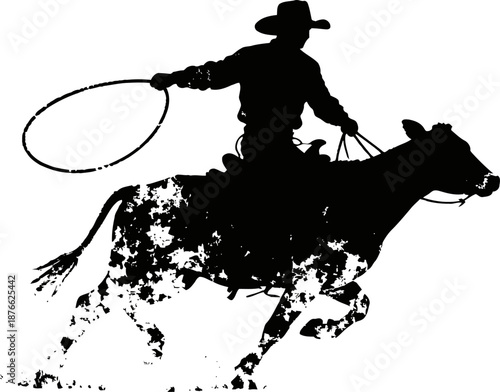 Cowboy riding a running horse with lasso in hand, western rodeo action silhouette