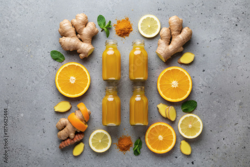 Immunity boosting drinks with citrus fruits and ginger flat lay on light background