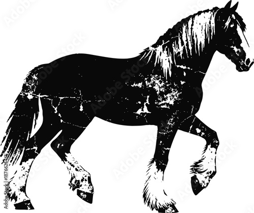 Black silhouette of a walking horse with textured distressed effect and feathered hooves