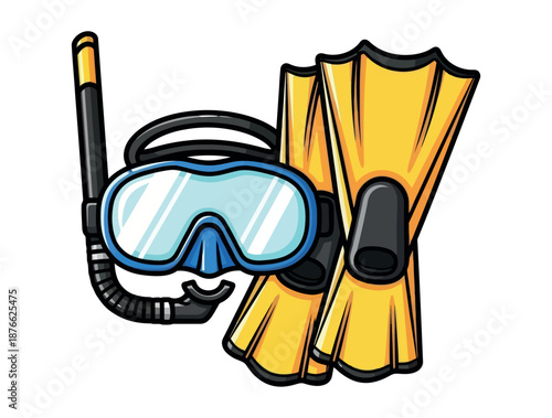 Snorkeling equipment with a blue diving mask, snorkel, and yellow fins ready for underwater exploration and water sports adventures during summer holidays
