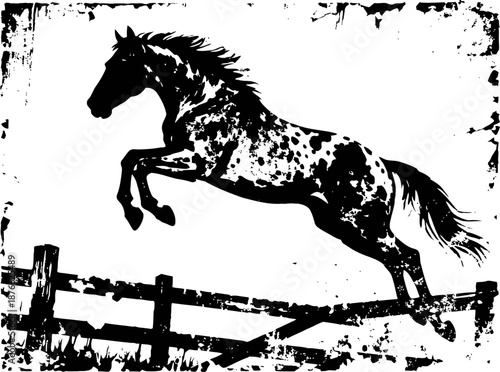 Spotted horse jumping over wooden fence silhouette with grunge border background