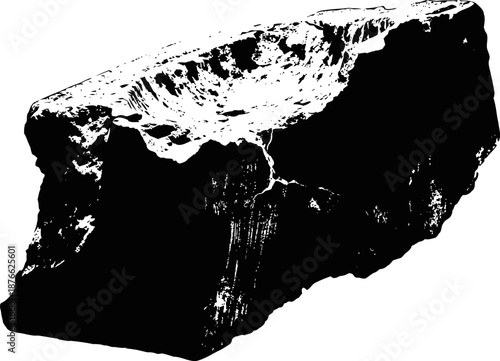 Large black charcoal briquette isolated on white background with detailed textured surface