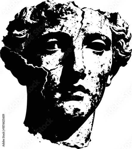 Classical ancient sculpture head with weathered cracked texture and strong contrast details