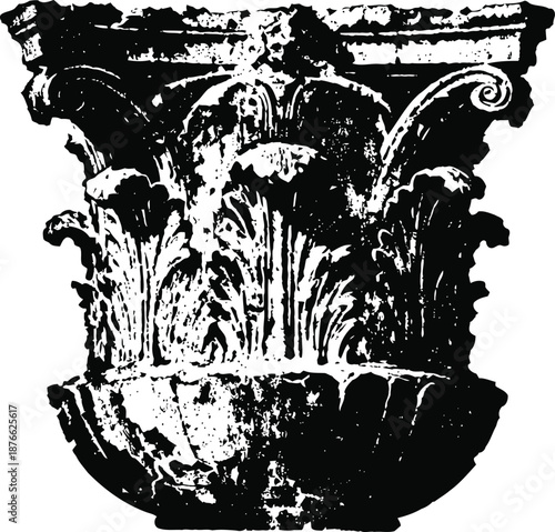 antique corinthian column capital with detailed acanthus leaf design in black and white