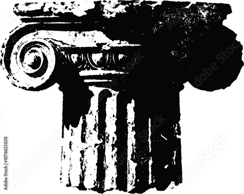 Classical ionic column capital with volutes and fluted shaft detail in black and white