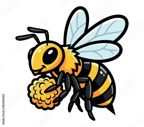 A friendly yellow and black striped bee with translucent wings is depicted in a charming flying pose, actively collecting golden pollen, perfect for nature educational materials or
