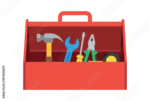 Handy collection of essential instruments like a powerful hammer, a versatile wrench, a functional screwdriver, robust pliers, and an accurate tape measure stored in a traditional open red