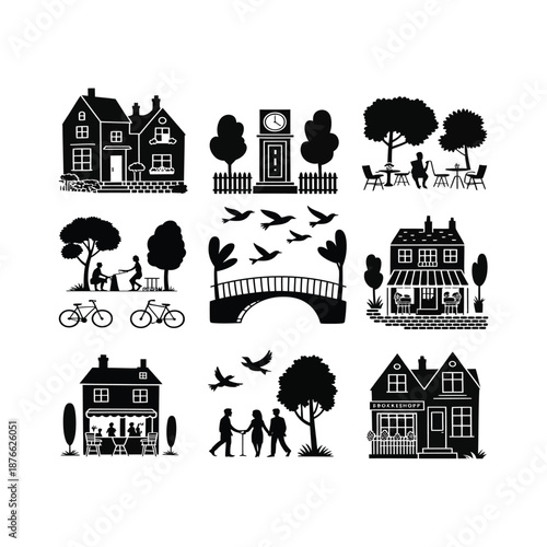 Silhouette illustrations of various town scenes and buildings.