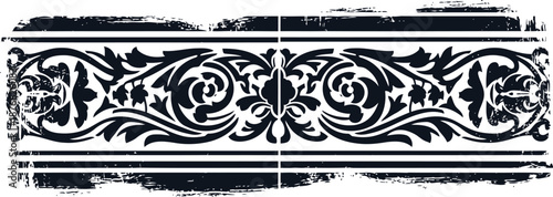 Vintage ornamental floral border with grunge texture in black and white design