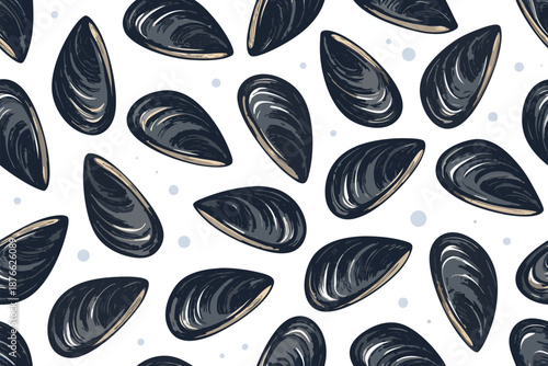 Vivid Hand Drawn Mussel Silhouette Pattern Vivid