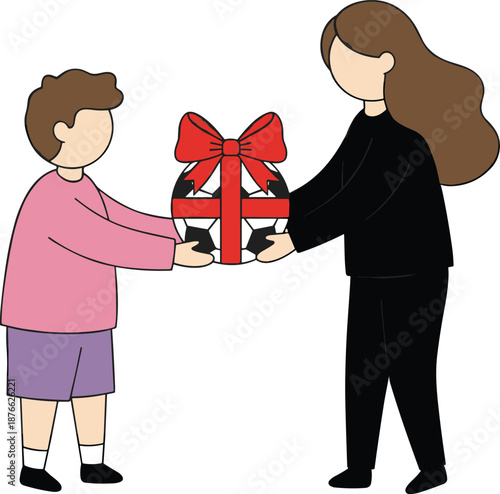 Mother and child exchanging wrapped gift, simple flat illustration symbolizing love, care, generosity and family bonding