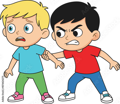 School bullying illustration showing aggressive child grabbing scared boy, childhood violence concept cartoon characters isolated white