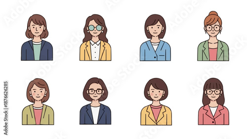 Set of eight diverse female avatar icons with various hairstyles, eyeglasses, and clothing styles, representing professional and casual individuals