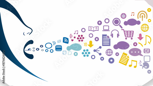 Vibrant illustration of a woman speaking with colorful media icons emerging