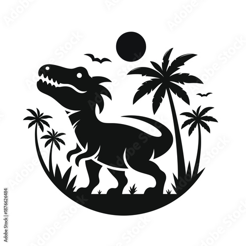 a black silhouette of a dinosaur standing on grass with palm trees and a sun