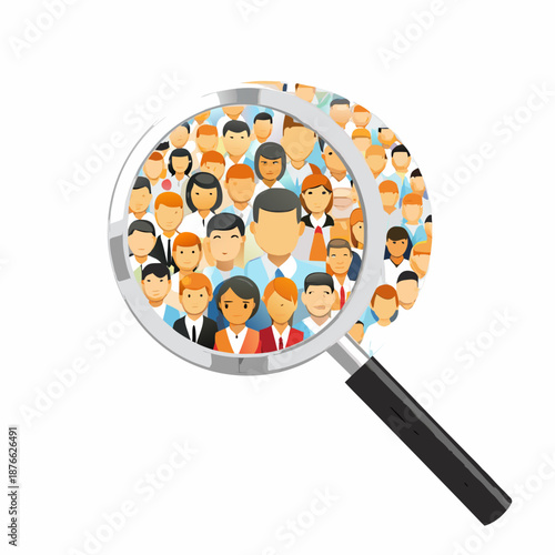 Diverse crowd of people under magnifying glass for analysis