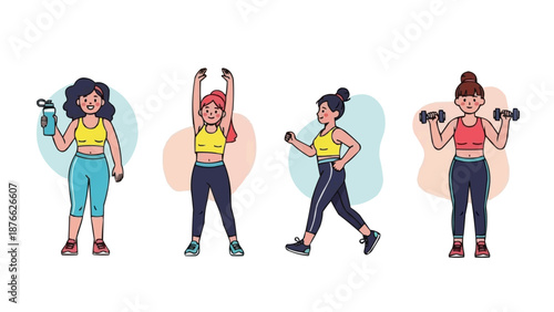 Diverse group of women engaged in various fitness activities, including hydration, stretching, walking, and weightlifting, illustrating a commitment to an active and healthy lifestyle