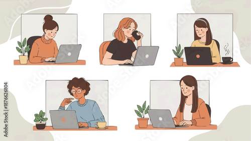 Digital illustration depicting a collection of diverse young women diligently engaged with their laptops, embodying the spirit of remote work, online collaboration, and modern professional life