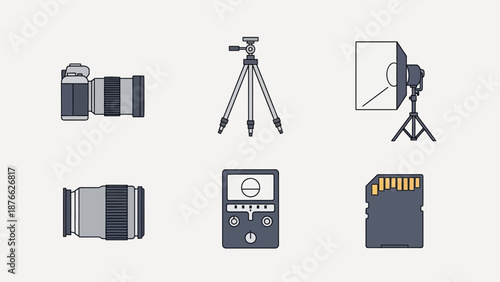 Photography Equipment Icons: Camera, Lens, Tripod, Light, SD Card, Meter