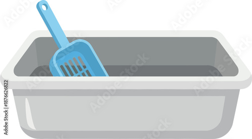 Essential pet supplies for feline owners featuring a practical litter box with a scooper, perfect for pet care product listings or animal hygiene guides