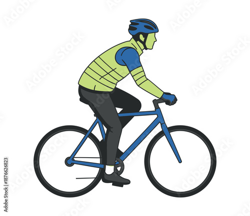 Energetic cyclist wearing a protective helmet and athletic gear actively riding a modern bicycle for fitness training or urban commuting ideal for sports graphics and healthy lifestyle