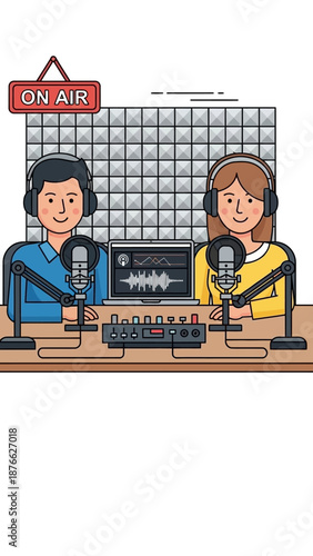 Podcast hosts recording audio with microphones and equipment in studio