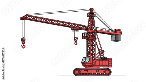 Red Construction Crane on White Background