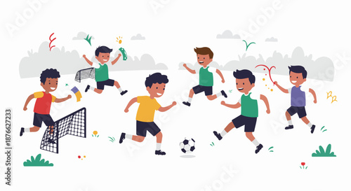 Joyful boys playing energetic soccer, celebrating goals and teamwork, depicted in a vibrant, cheerful flat illustration with playful elements.