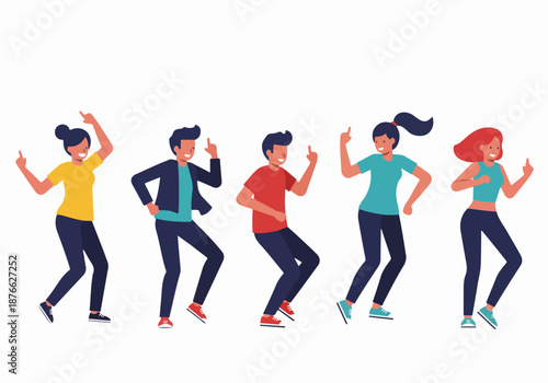 Happy and energetic group of young diverse people dancing joyfully in casual modern attire, celebrating an event with smiles and positive vibes.