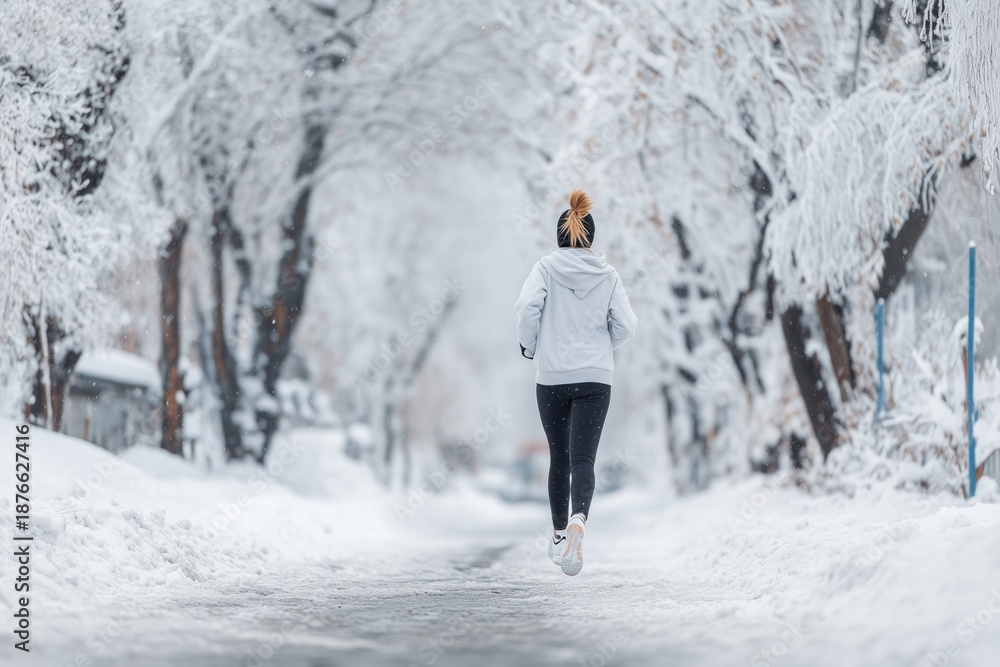 Fototapeta premium Rear view of a young woman jogging on a snowy path in a winter park