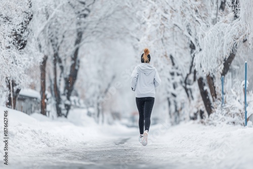 Rear view of a young woman jogging on a snowy path in a winter park