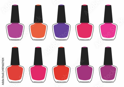 Collection of colorful nail polish bottles with black caps in a flat, minimalist vector illustration style, ideal for beauty and fashion concepts.