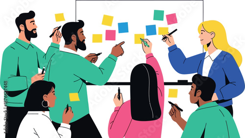 A diverse group of business professionals collaborates on a whiteboard using colorful sticky notes to brainstorm ideas and plan strategies during a productive team meeting