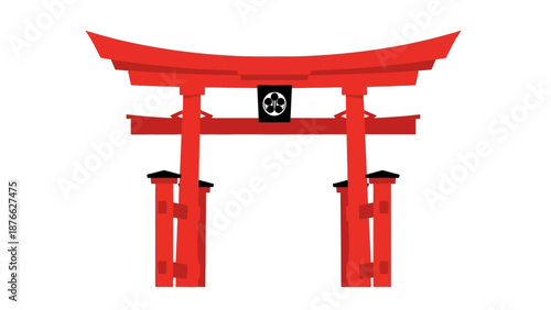 Red Torii Gate, Traditional Japanese Shrine Entrance, Minimalist Flat Design