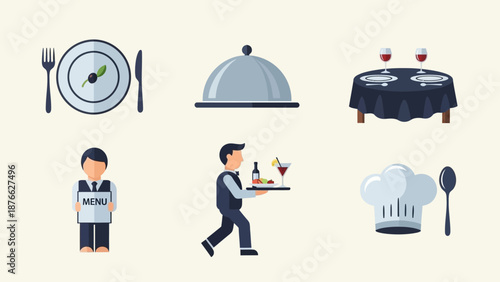 Restaurant Service Icons: Waiter, Table Setting, Food Cloche, Chef Hat
