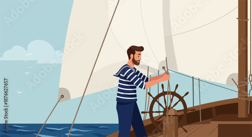 Bearded Sailor Steering a Classic Sailboat on the Open Sea Under a Clear Blue Sky, a Serene Nautical Adventure.