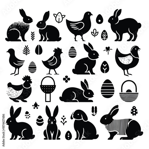 Easter icons featuring rabbits chickens eggs and baskets in black silhouettes on white background