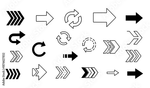 Geometric directional arrow vector icon set with circular curved and dashed navigation symbols isolated on white