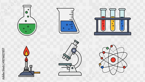 Science Lab Equipment Icons: Beaker, Flask, Test Tubes, Microscope, Bunsen Burner