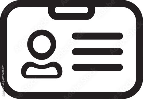 Black and white icon of an identification card with a person silhouette and text lines on a white background