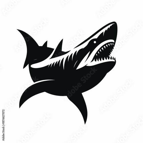 A black and white graphic illustration of a shark with its mouth open