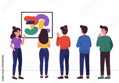 Diverse group engaging with and discussing a colorful abstract painting at an art gallery exhibition.