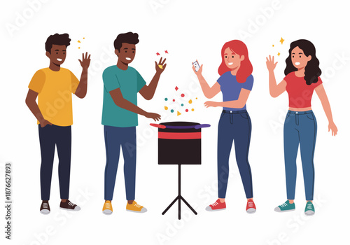 Diverse young friends enjoying a festive magic show with a top hat, colorful shapes, and sparkling hands, illustrating fun, wonder, and celebration of entertainment.