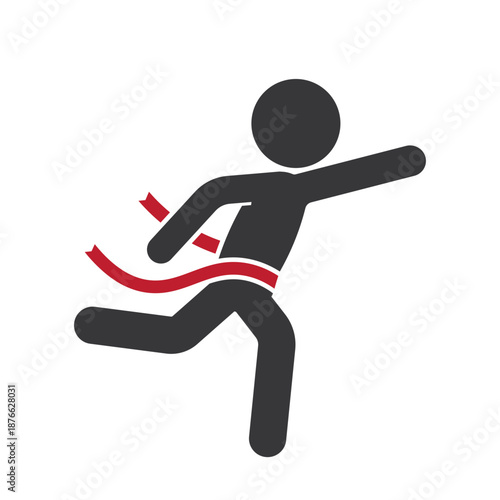 Isolated pictogram of race winner crossing red finish ribbon, symbol for success, achievement, championship, victory, and athletic competition celebration.