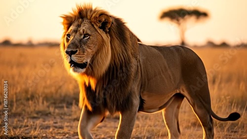 Wallpaper Mural Majestic African Lion Walking Through Golden Savanna Habitat Torontodigital.ca