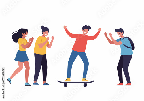 Group of diverse friends cheering on a skateboarder, showcasing youth culture and camaraderie.