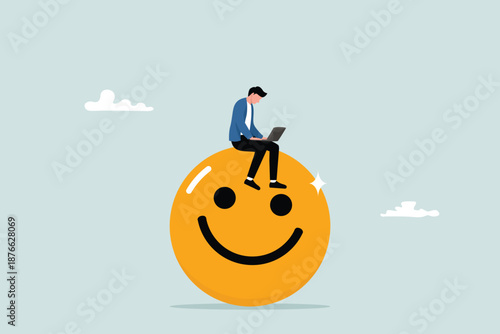 Job happiness or job satisfaction, passion or pleasure of working with a company, employee welfare concept, happy businessman working with computer with smiling face.