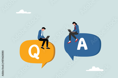 Q and A, question and answers, FAQ frequently asked question, information or solution to solve problem, resolution or advice concept, businesspeople working on dialog with question and answer.