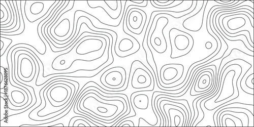 Black and white topographic map contour lines creating an abstract organic pattern resembling terrain elevation or fluid flow for science and design
